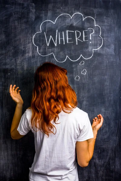 Confused redhead woman asking where — Stock Photo, Image