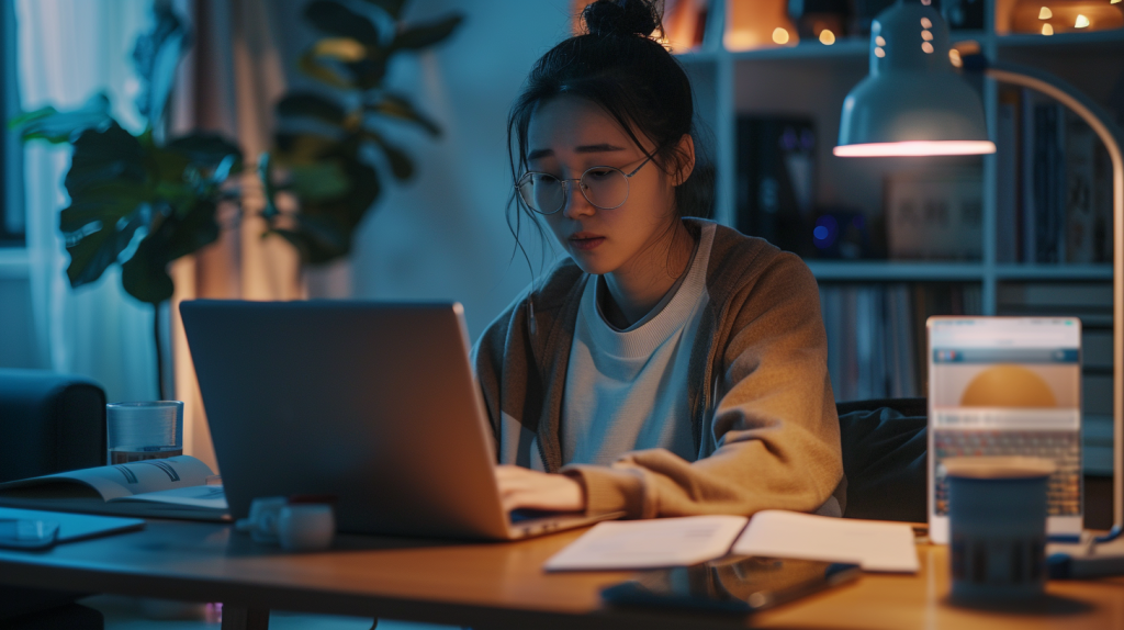 Learner studying at night to maintain Mandarin fluency