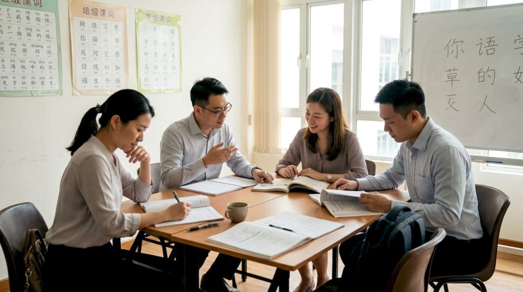 Adults learning Mandarin at table in classroom