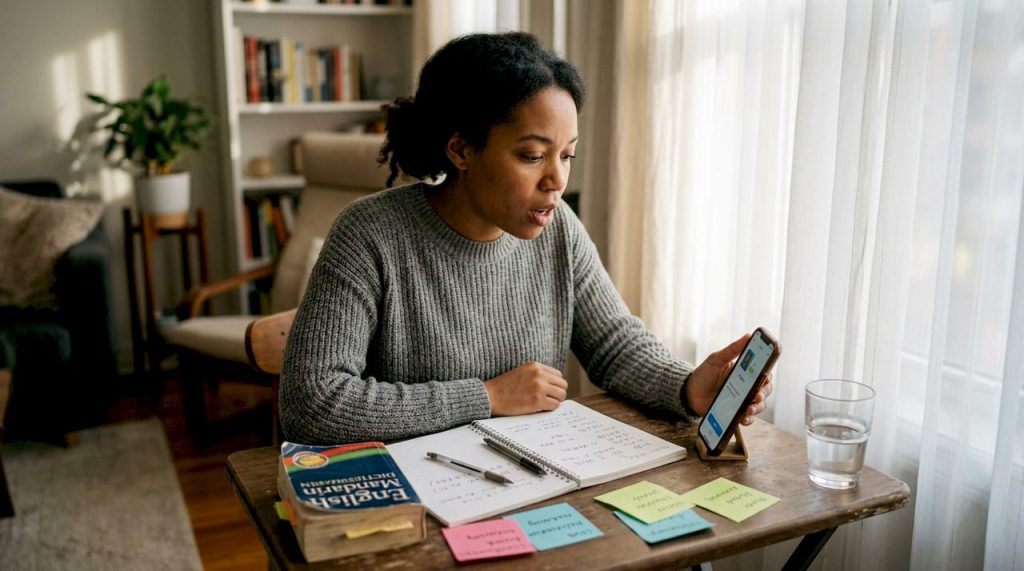 Woman practicing Mandarin phrases at home desk