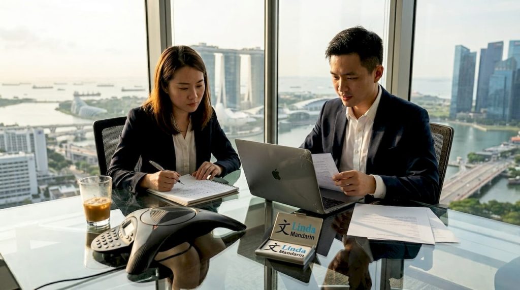 Singapore professionals using Mandarin in office meeting