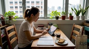 Woman studying Mandarin at home in Singapore