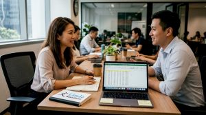 Professionals conversing in Mandarin at office table