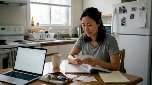Woman at kitchen table studying Mandarin cards