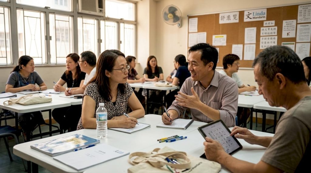 Adults practicing Mandarin in group class