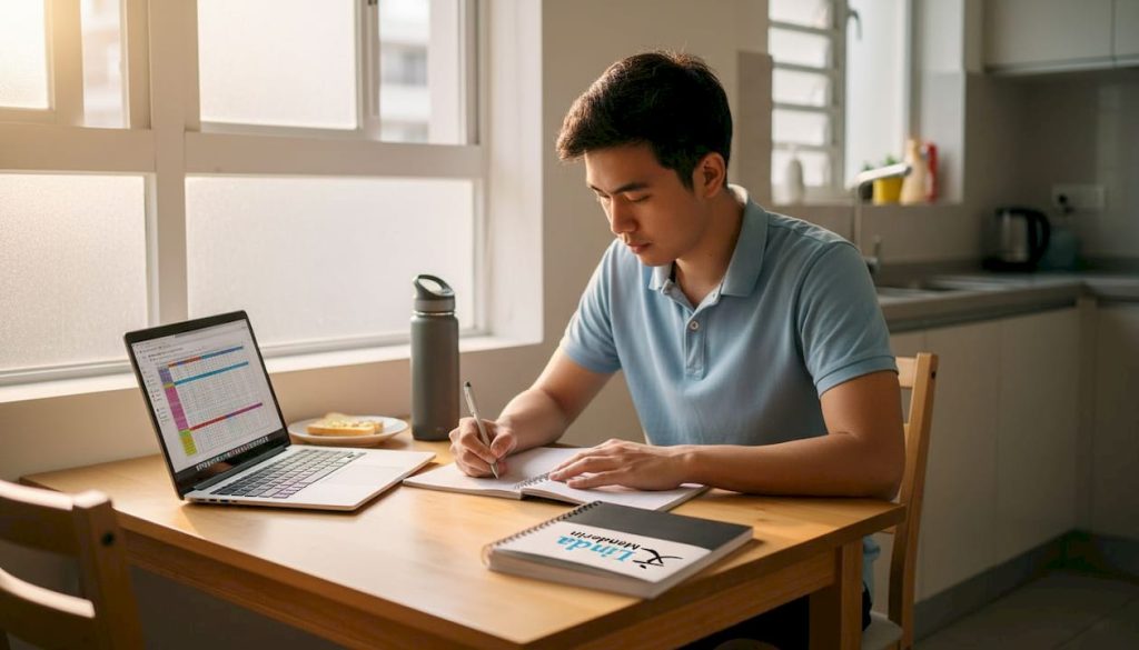 Student studying Mandarin in Singapore kitchen