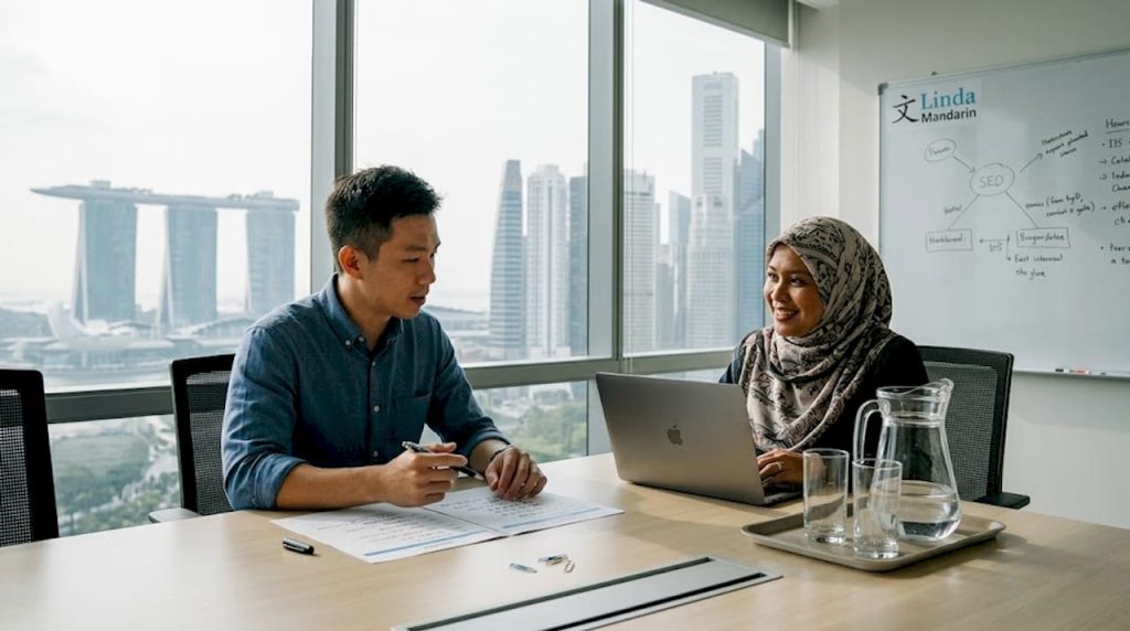 Business colleagues using Mandarin in Singapore boardroom