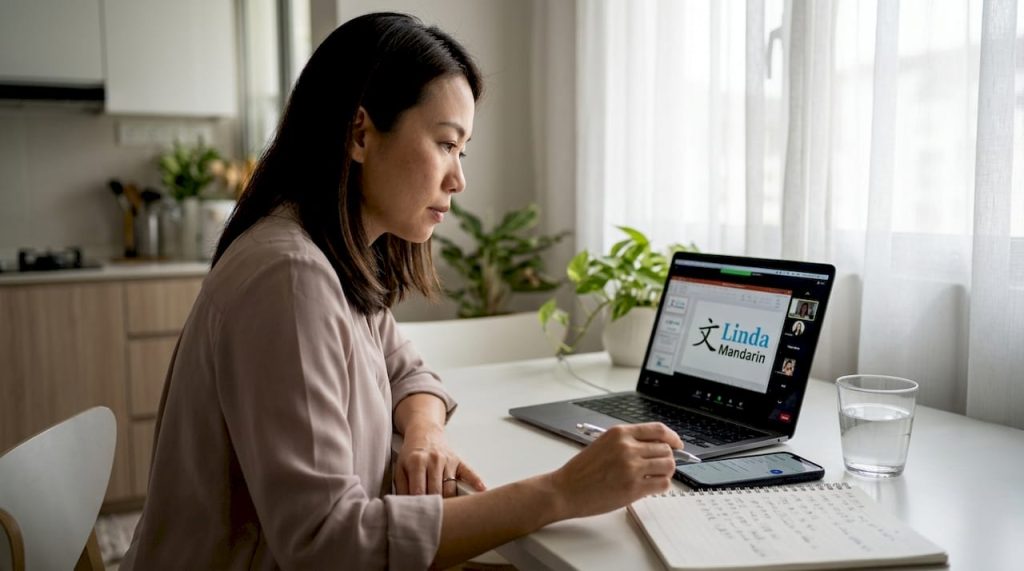 Business professional taking Mandarin course online
