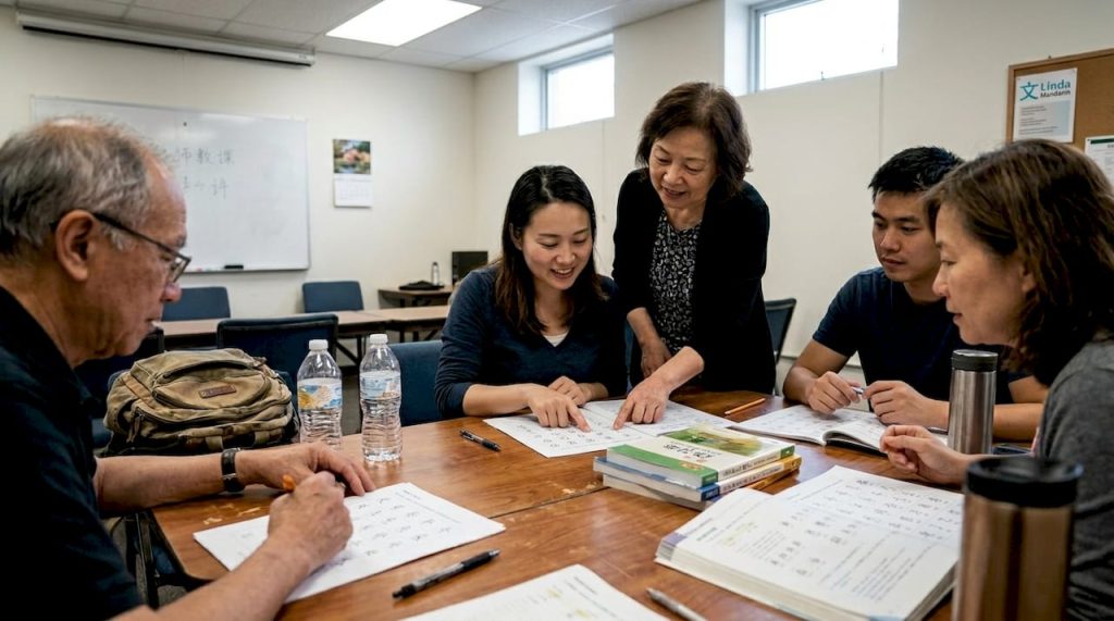 Adults learning Mandarin in casual classroom scene