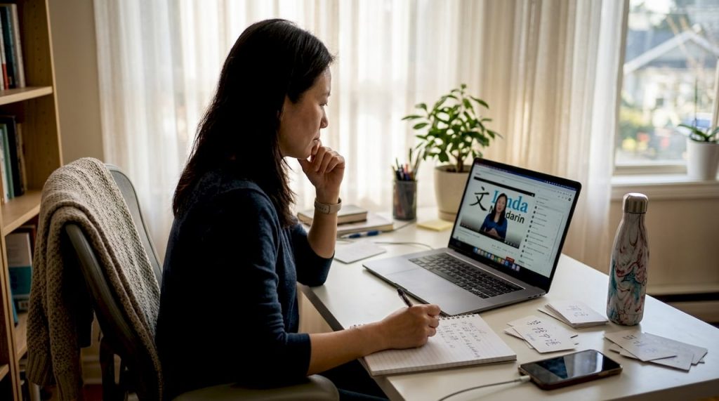 Woman studying Mandarin at home workspace