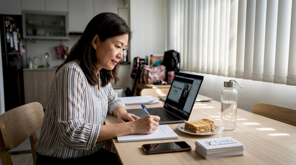 Singapore adult learning Mandarin at home table