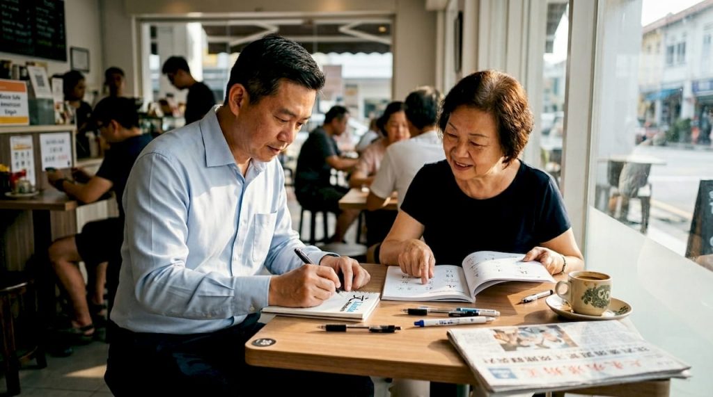 Professional taking Mandarin lesson in Singapore café