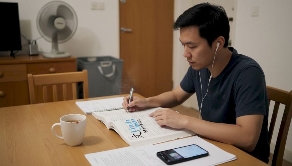 Singaporean adult studying Mandarin at home table