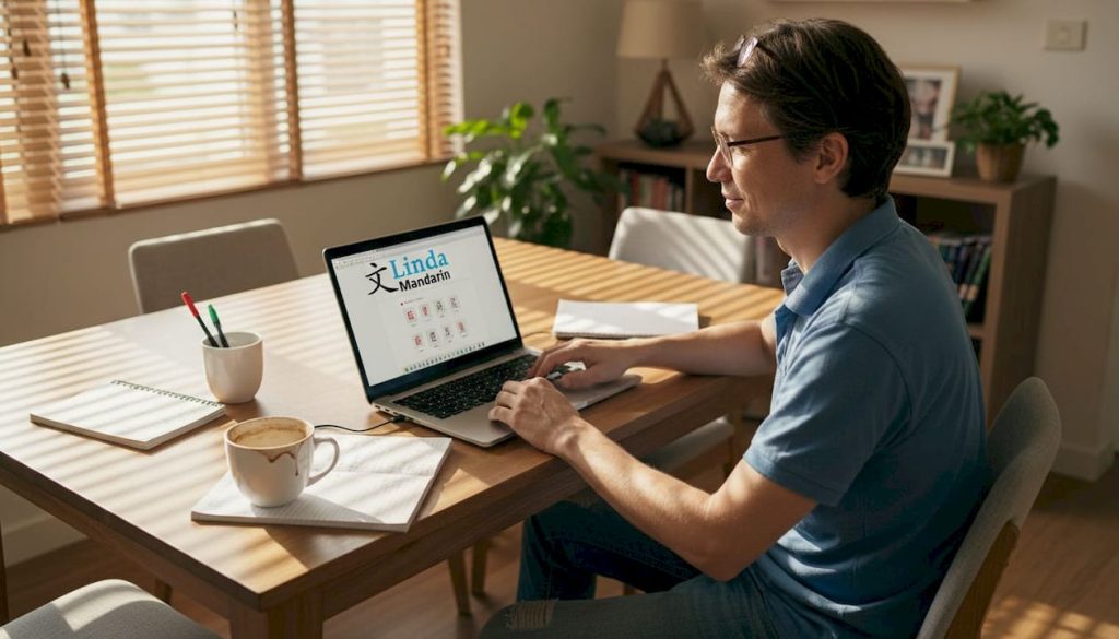 Adult practicing Mandarin in Singapore apartment