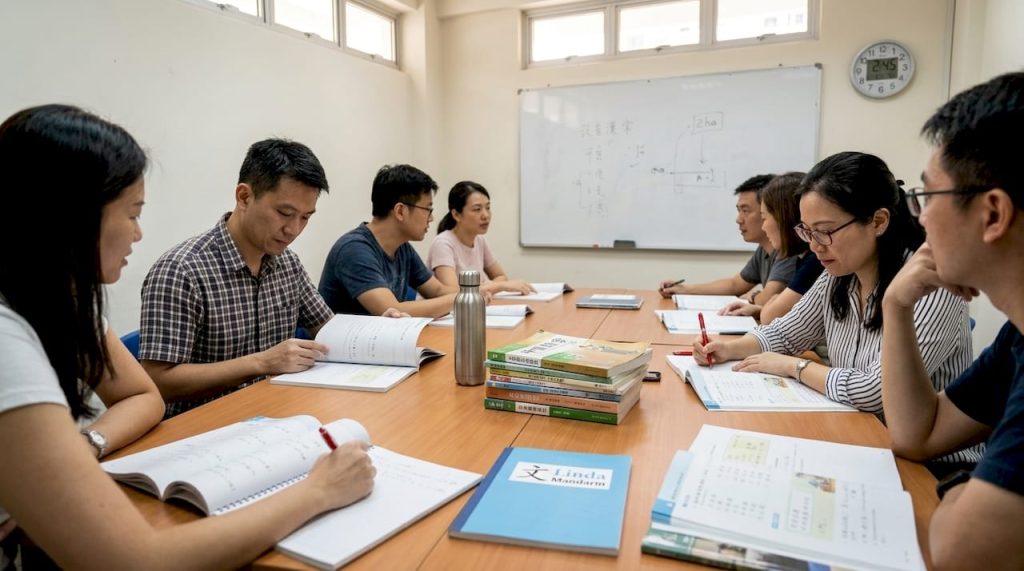 Adults in Mandarin class with textbooks in Singapore