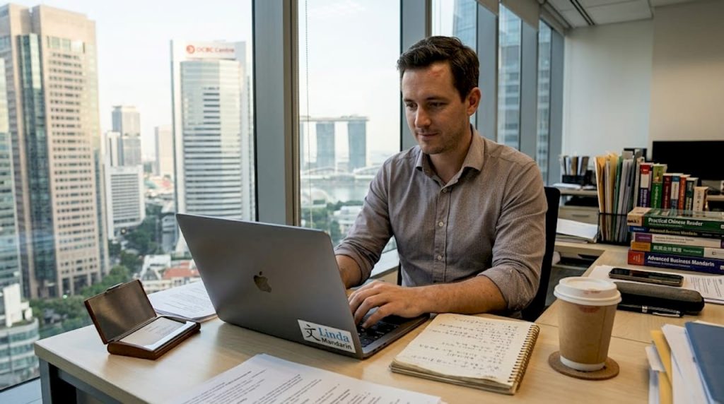 Man typing Mandarin in Singapore office