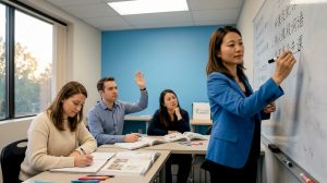 Mandarin teacher instructs adult learners in classroom