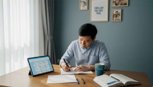 Singapore adult studying Mandarin at home table