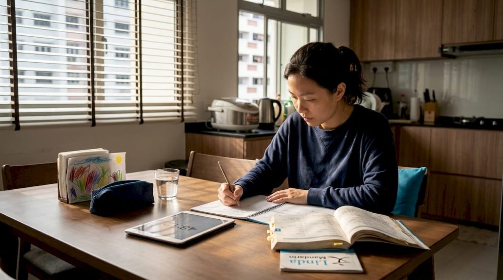 Adult student doing Mandarin test prep at home