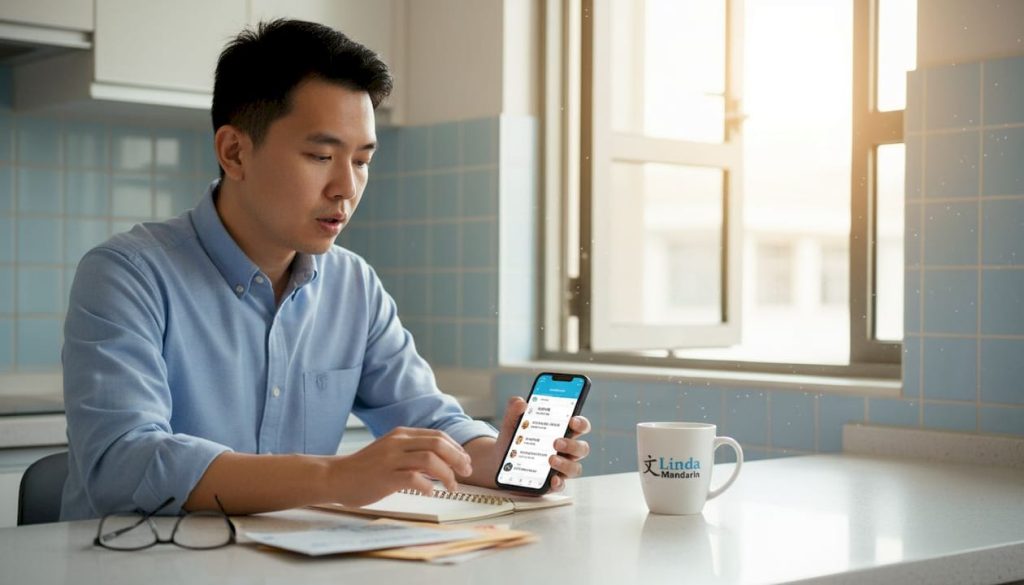 Professional practicing Mandarin at kitchen counter