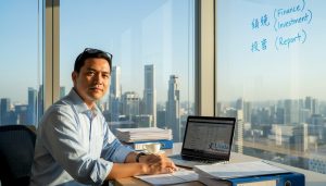 Finance professional reviewing Mandarin financial reports