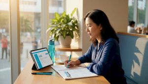 Adult practicing Mandarin at kitchen table