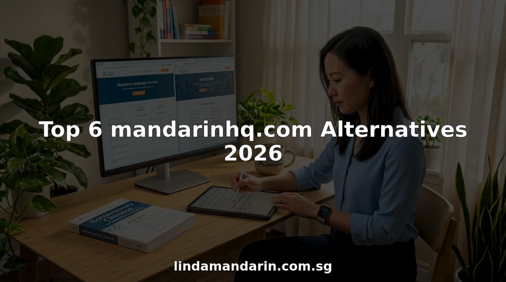 Professional comparing Mandarin course websites at desk