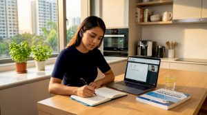 Woman learning Mandarin at home in Singapore