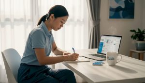 Adult practicing Chinese writing at home table