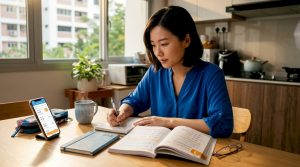 Adult Mandarin learner studying at home