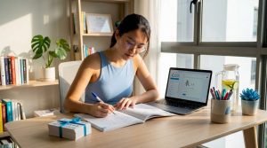 HSK student studying at home desk