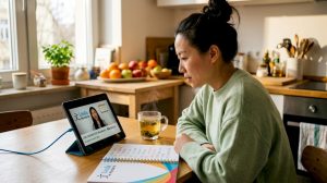 Adult woman in kitchen learning Mandarin online