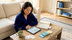 Adult practicing Mandarin at apartment desk