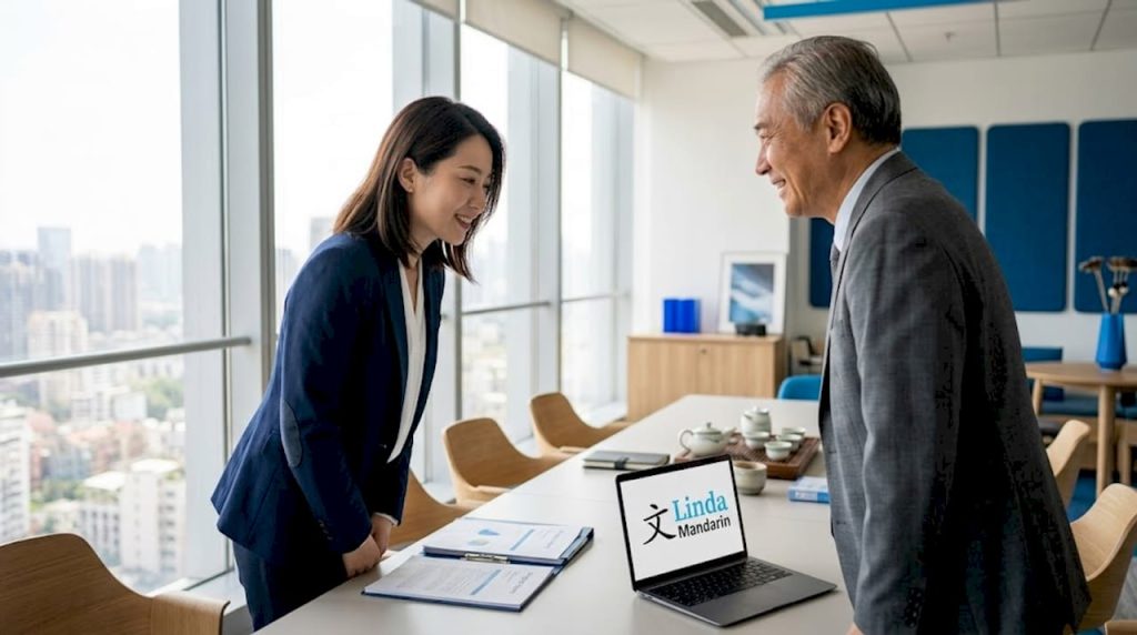 Colleagues exchanging Mandarin workplace greeting