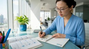 Practicing Chinese characters at home desk
