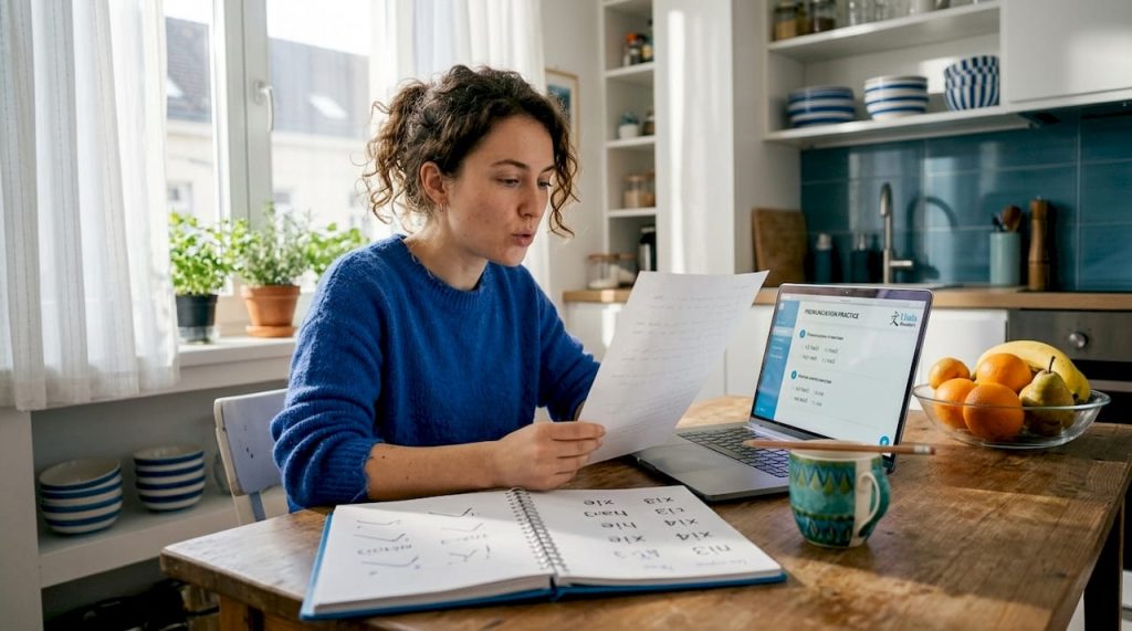 Person practicing Mandarin at kitchen table