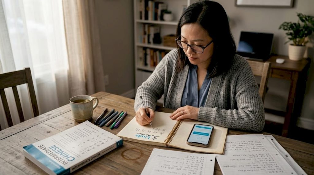 Adult student learning Mandarin at home table