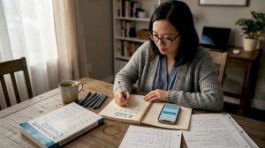 Adult student learning Mandarin at home table