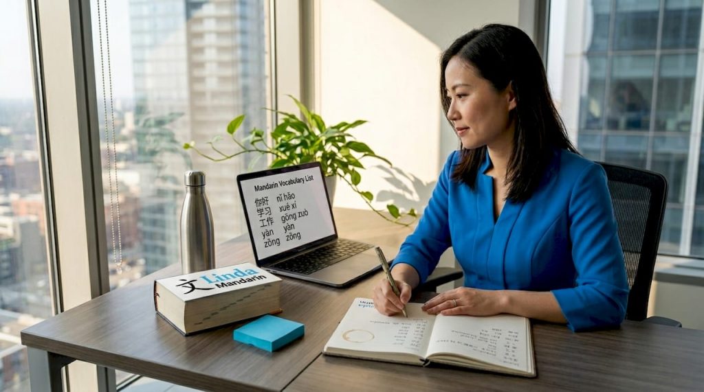 Professional studying Mandarin vocabulary at desk