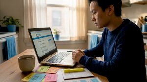 HSK student studying at kitchen table morning