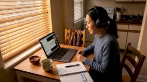 Adult woman learning Mandarin at kitchen table