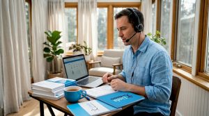 Adult learning Mandarin at home desk