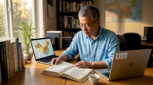 Linguist studying Chinese language materials at desk
