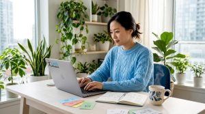 Adult woman studying Mandarin at home desk