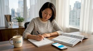 Woman studying Mandarin grammar at table