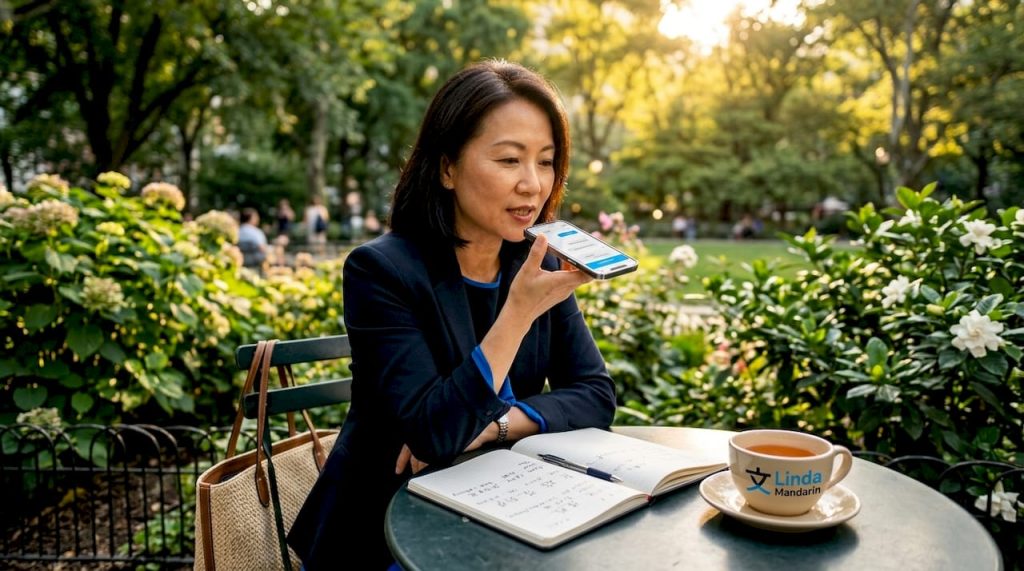 Adult learner practicing Mandarin conversation with app