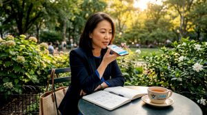 Adult learner practicing Mandarin conversation with app