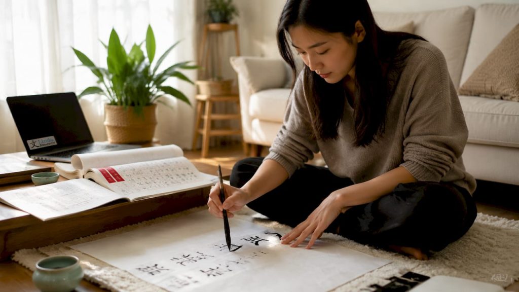 Woman practicing Chinese stroke order at desk