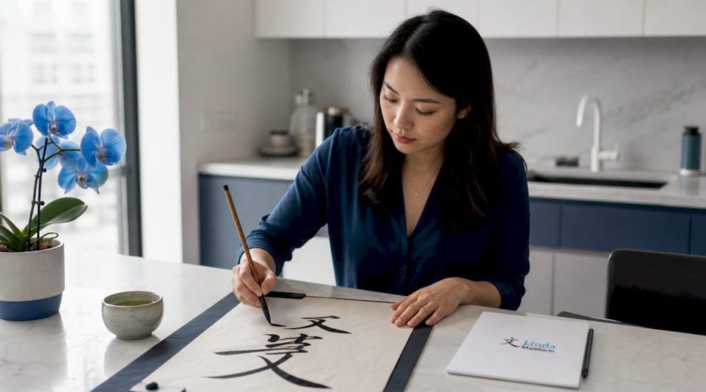 Woman practicing Mandarin handwriting at desk