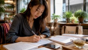 Woman practicing Mandarin writing at home